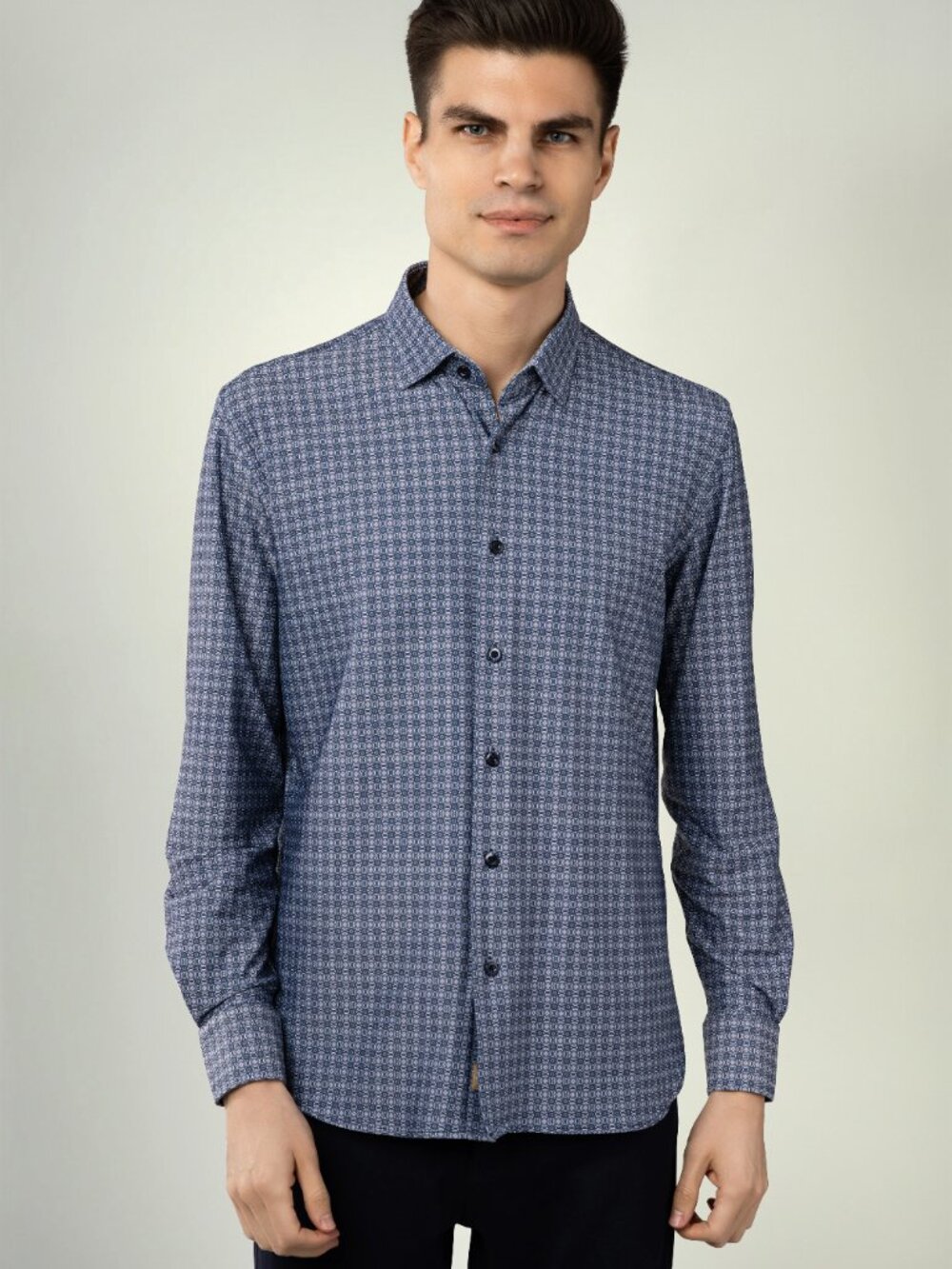 Luchiano Visconti Navy Floral Geo Print 4 Way Stretch Long Sleeve Shirt